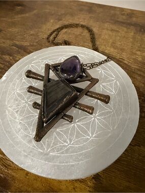 Amethyst & Hypersthene Handmade Electroformed Necklace w/ Geometric Design